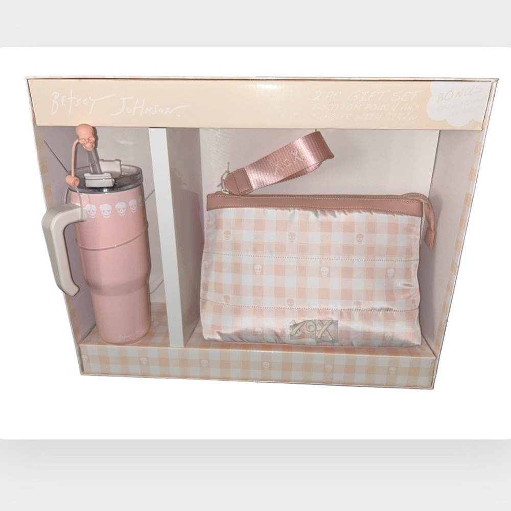 BETSEY JOHNSON PEACH & WHITE CHECKERED SKULL LUNCH BAG & SKULL TUMBLER SET NWT - Picture 7 of 12